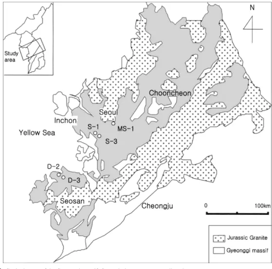Fig. 1. Geologic map of the Gyeonggi massif. Open circles represent sampling sites. 