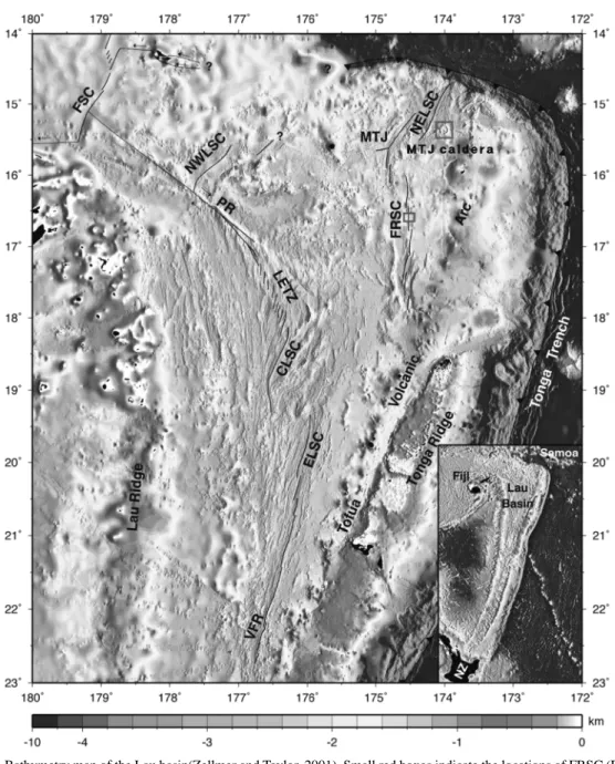 Fig. 1. Bathymetry map of the Lau basin(Zellmer and Taylor, 2001). Small red boxes indicate the locations of FRSC (Fig