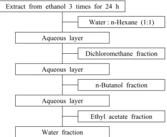 Fig. 1. Solvent fractionation chart of buah merah (Pandenus  conoideus). 질환 및 신장 질환과 같은 많은 질병의 치료에도 사용된다(Xia  등,  2018)