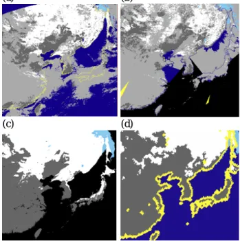 Figure 5. Snow cover and sea ice extent maps (a)  estimated by current algorithm, (b) MODIS, (c)  NOAA/NESDIS and (d) SSM/I snow and sea ice  products on January 2, 2007