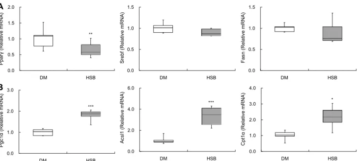 Fig.  4.  Effects  of  HSB  on  hepatic  lipid  metabolism  related  gene  expression  in  HFD/STZ-induced  diabetic  mice