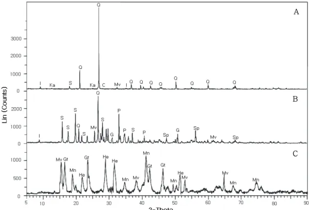 Figure  1.  XRD  patterns  of  bulk  tailing  samples  (A),  non-magnetic  mineral  samples  (B),  and  magnetic  mineral  samples  (C)