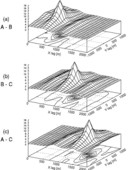 Figure  2.  2D  cross-correlation  SAR  images  of  Fig.1.  (a)  orbits  A  and  B,  (b)  orbits  B  and  C,  and  (c)  orbits  A  and  C