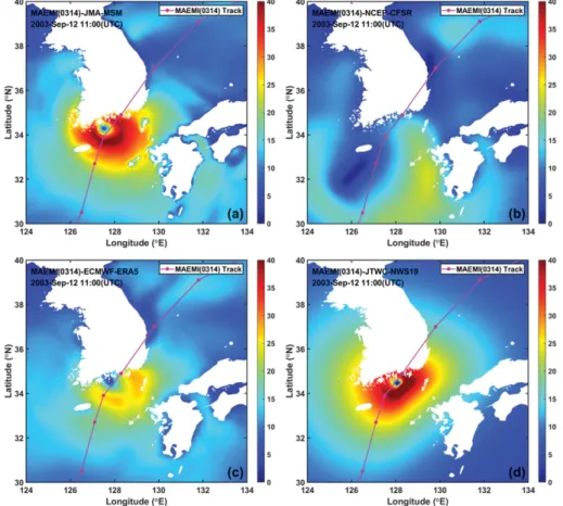 Fig. 3. Comparison of wind fields for Typhoon Maemi at 11:00 (UTC) on 12 Sept. 2003: (a) JMA-MSM, (b) NCEP-CFSR, (c) ECMWF- ECMWF-ERA5, (d) JTWC best track (NWS=19).