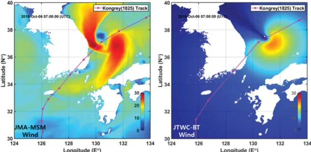 Fig. 14. Comparison of wind magnitude obtained using JMA-MSM and JTWC best track for Typhoon Kong-Rey at 07:00 of 06 Oct