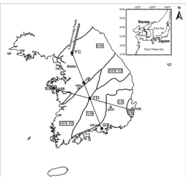 Fig. 1. Map of the Korean peninsula and seismic profiles recorded in 2002 and 2004. 