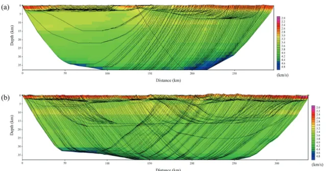 Fig. 3. Velocity tomograms for (a) Profile 2002 from two shots and (b) Profile 2004  from four shots