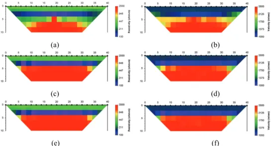 Fig. 5. Subsurface images obtained by joint inversion approaches adopting the different  combinations of multiple constraints