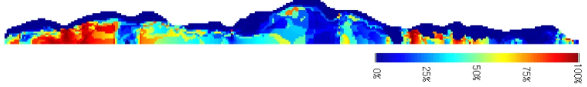 Fig. 4. Probability of locations considered as being over RQD 60 evaluated from  direct borehole, resistivity and seismic tomography data.