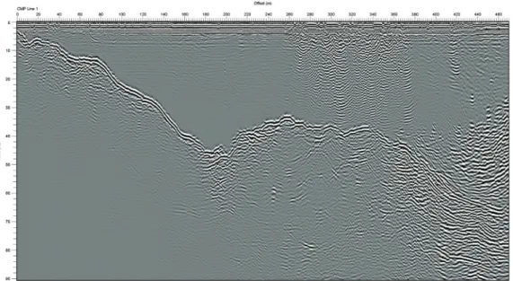 Fig. 5. Depth migration section. Compared with unmigrated data (Fig. 3), dipping  reflectors were moved to their correct positions and most diffractions were collapsed  efficiently