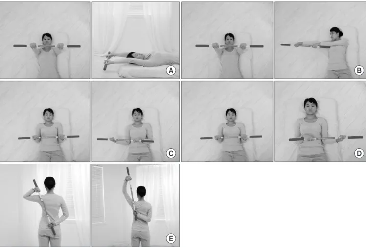 Figure 2. Active assistive range of motion (AAROM) exercise. (A) Forward flexion. (B) Abduction