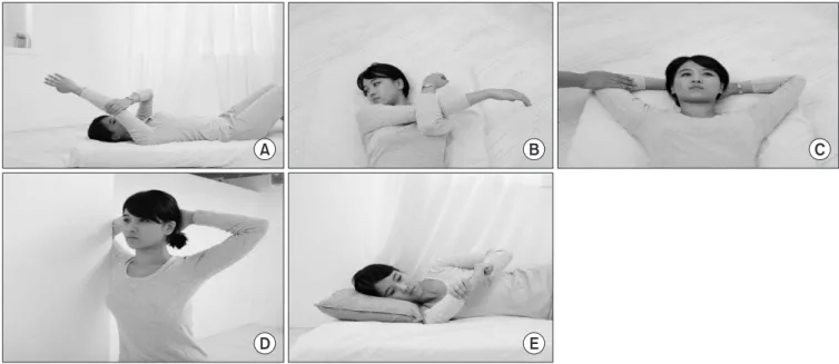 Figure 3. Additional range of motion recovery exercise. (A) Forward flexion. (B) Adduction