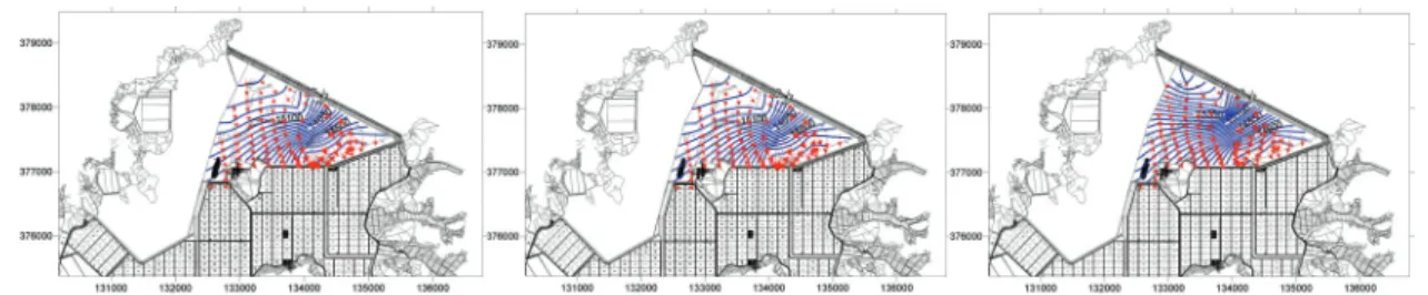 Fig. 1. Electrical conductivity distribution with depth at surface(left),  -1m depth(middle) and -2m depth(right) in Mar