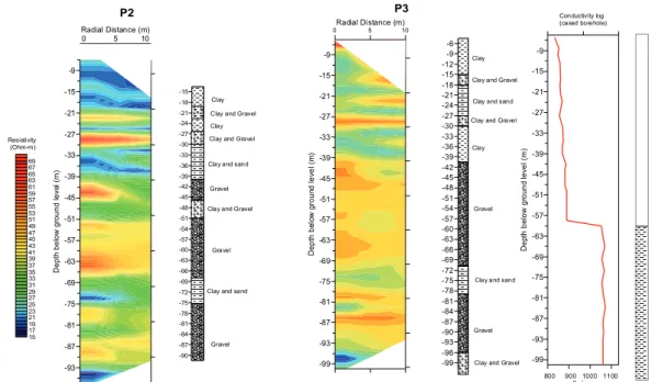 Fig 4. Single borehole inverted ERT image for boreholes P2 (left) and P3(right) with the  respective lithology logs 