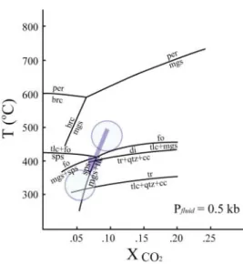 Fig. 7. The schematic evolutionary path of the ore  bearing fluids during various stages of  mineraliza-tion in the lower part of Western Shinyemi ore  body as deduced from the X CO2  versus Temperature  diagram at 0.5 kbars fluid pressure and X CO2  < 