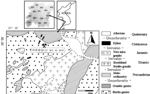 Fig. 1. Location and geological map of the study area showing the Daeyou pegmatite mine (after Hong  and Yun, 1993)