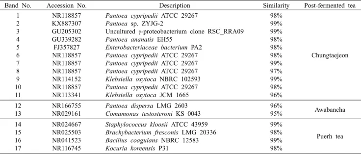 Table 1. Identity of the bands obtained from 16S rRNA gene DG-DGGE bands and those of the closest relatives in the GenBank  database, indicating the detected bacteria among East-Asia post-fermented teas