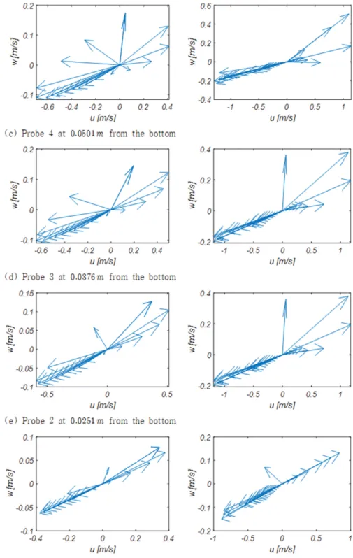 Fig.  13에는  RUN  1,  2,  3에서 관측된 단면  A  A'(Fig.  5 참조)에서의 경계층 streaming 진화과정을 도시하였으며 Fig