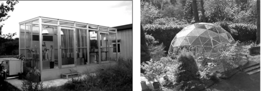 그림 1. 야외생장실과 Solar dome(좌: 일본농업환경기술연구소, 우: USDA(USA)) 