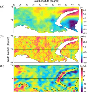 Fig. 5. (A) Total (residual in Fig. 4.B + reference in Fig. 4.C) free- free-air gravity anomaly estimates