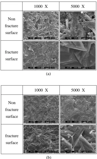 Fig. 9 SEM micrographs of non-fracture surface and fracture surface for (a) Plate and (b) Dome.