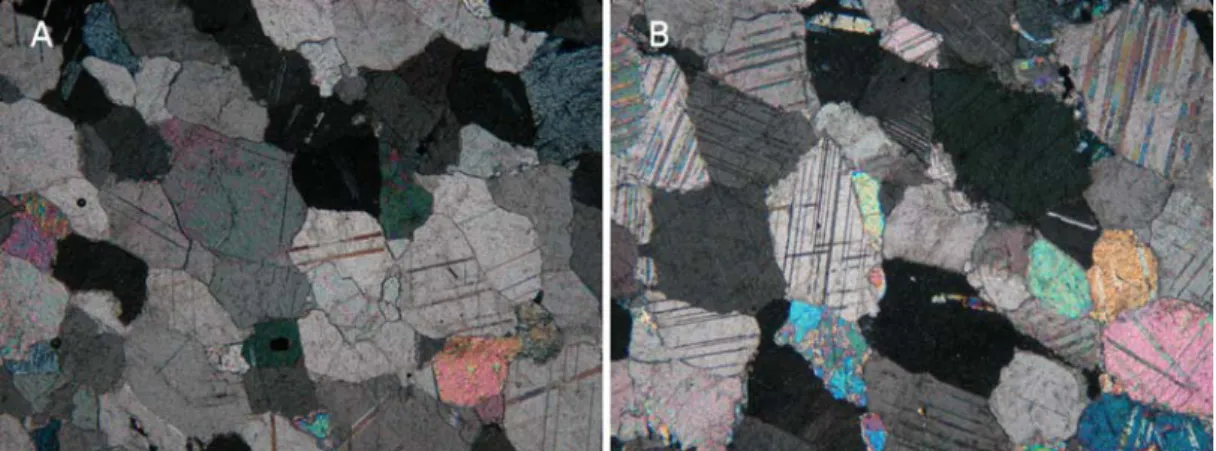 Fig. 1. Photomicrographs of high-purity dolomite showing the various crystallinity and texture (crossed  nicols)