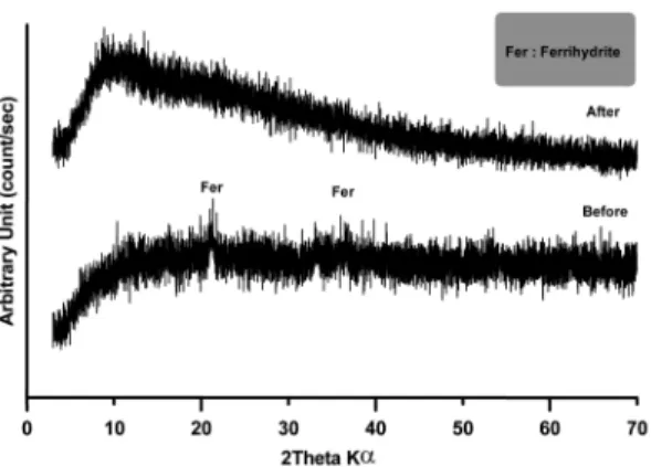 Fig. 16. XRD analysis of an electron acceptor, fer- fer-rihydrite and black phases formed by microbial  re-duction of akaganeite.