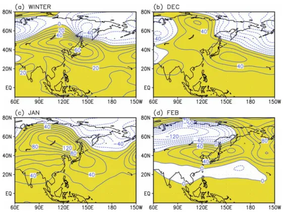 Fig. 5.  Anomaly fields of 500-hPa geopotential height for (a) winter, (b) December, (c) January, and (d) February for the win- win-ter 2006/2007.