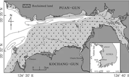 Fig. 1.  Map of study area showing locations of the sampling sites. Bathymetry (relative to MSL) is from National Geography Institute (1981): depth in metre.