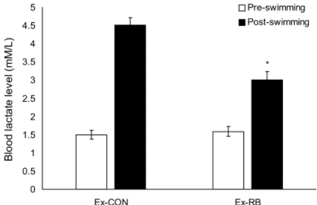 Fig. 2. Effect of rice bran on blood lactate level. The Ex-CON  and Ex-RB of lactate levels was evaluated before and 10 min  after forced swimming with a current flow of 8 L/min