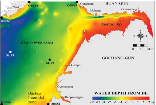 Fig. 1. The water depth, topography, observation stations and corner points of open boundaries in the study area.