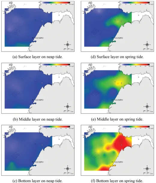 Fig. 4. The spacial distribution of suspended sediment concentration in spring season, 2017.