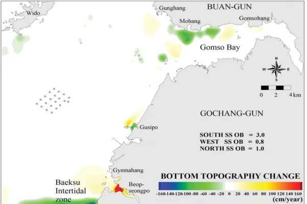 Fig. 10. The bottom topography change per year before construction of the wind power farm.
