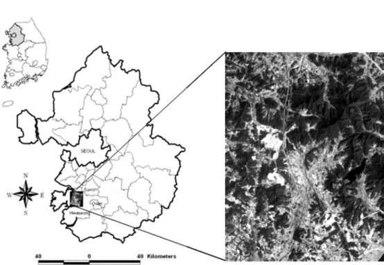 Figure 1.  Index map of study area. Subset of Hyperion image of the study area is located in the city of Hwaseong.