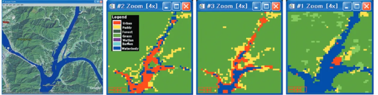 Fig. 5.  Algorithm Comparison between ISODATA, SMA, and SOM in Yangsuri.