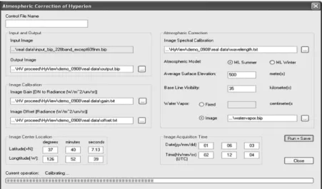 Fig. 7 shows the interface of atmospheric correction utility  of  HYVIEW.  Users  need  to  fill  several  input parameters including sensor characteristics, solar and sun  geometry,  and  atmospheric  information.