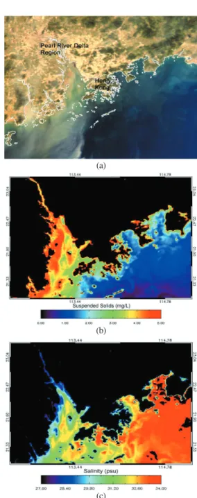 Fig. 3.  a.  True color MODIS 500m image (Nov 03, 2003) overlaid with coastlines b. Map of suspended solids derived from multiple regression model c
