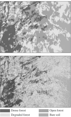 Fig. 3.  a. Forest density classification by object oriented methods, b. Forest density classification by pixel based method.