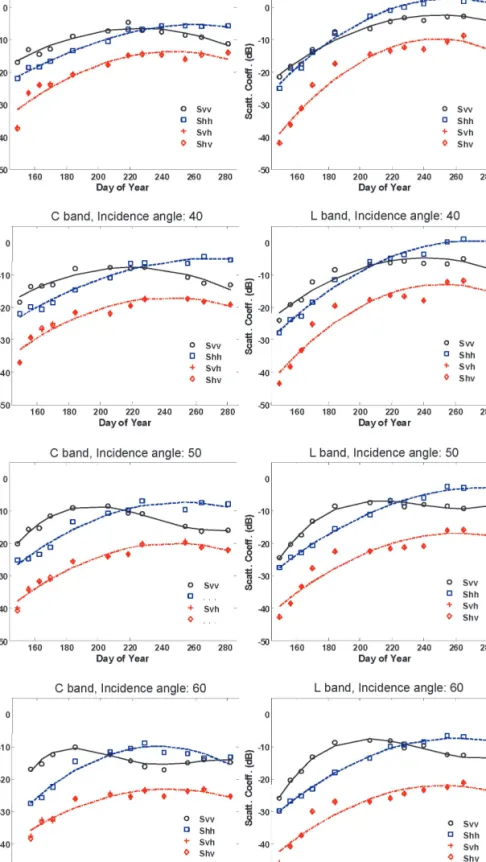 Fig. 1.  Backscattering coefficients of rice growth as a function of time at different wavelengths, incidence angles, and polarization.