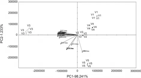 Fig. 1. PCA pattern for volatile compounds  using electronic nose in grape vinegars. 