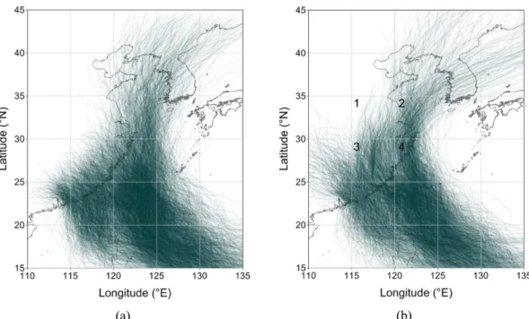 Fig. 7. Synthesized typhoon tracks affecting Korean coasts after landing on southeast China: (a) without and (b) with improvement.