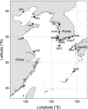 Fig. 1. Location map of the tidal gauging stations around Korea.