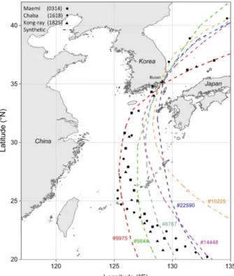 Fig. 7. Generated synthetic typhoon tracks affecting the South coast with a return period of 100 years.