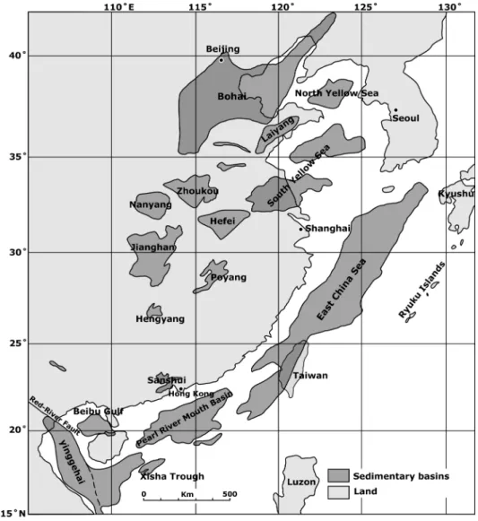 Fig. 1. Location of major sedimentary basins in offshore western Korea and adjacent eastern China