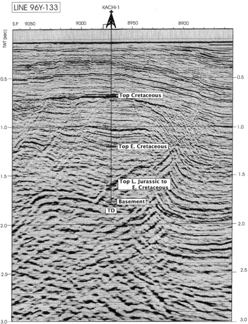 Fig. 4. An example of E-W seismic lines tied to the Kachi-1 well, Kunsan Basin, offshore western Korea.