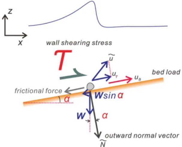 Fig. 5. Free body diagram of the sand particles resting at the sea bottom of slope  α.
