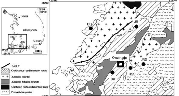Fig. 1. Geologic map of the Honam area including hot spring sites(BS: Byunsan hot spring, JR: Juklim hot spring, JRS: