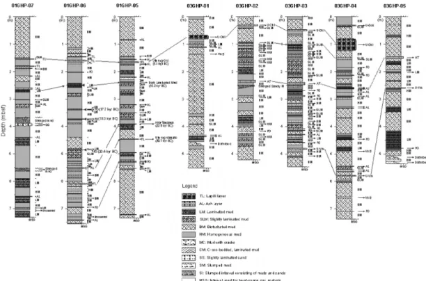 Fig. 2. Description of the cores, and inferred stratigraphy correlation based on tephra and DLM (dark laminated mud) layers and  14 C absolute ages