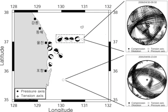 Fig.  2.  Focal  mechanism  for  twelve  earthquakes  in  the  East-Sea.  Dashed  box  is  earthquake  sequence  of  the  April  2006.