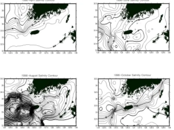 Fig.  10.의  8월에서  제주도  서쪽해역은  동쪽해역 보다  약  9psu  정도  낮은  염분분포를  보였다.  염분농 도의  분포가  서쪽해역부터  중국대륙연안수의  영향 이  나타나서  동쪽을  진행하는  형상을  보이며,  점차  그  세력이  약해짐을  알  수  있었다